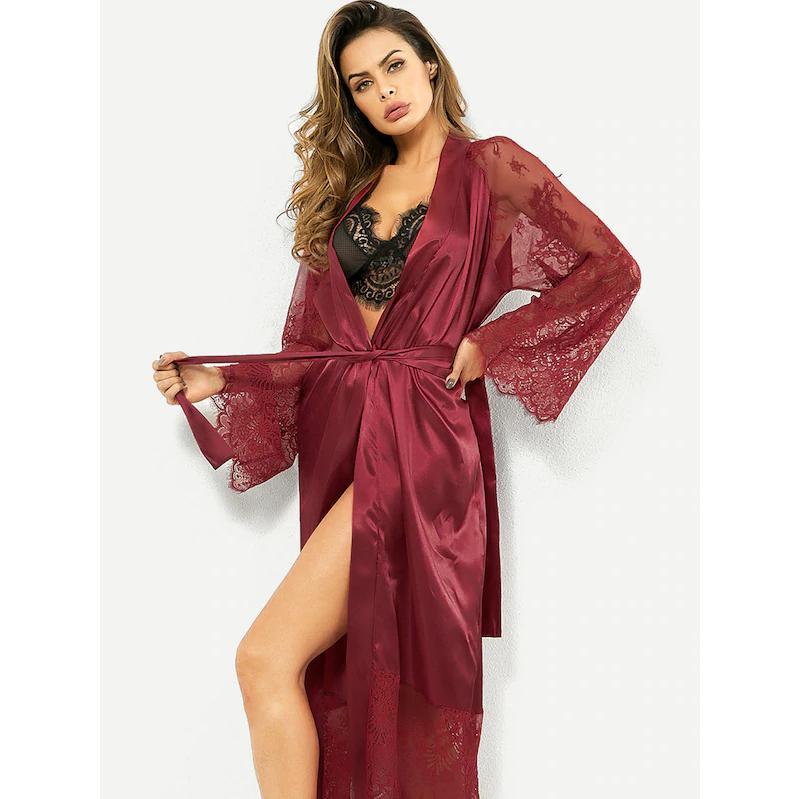 Sexy Lingerie Glossy Long Nightgown Lace Long Sleeve Set for Basic Minimalist  Loungewear