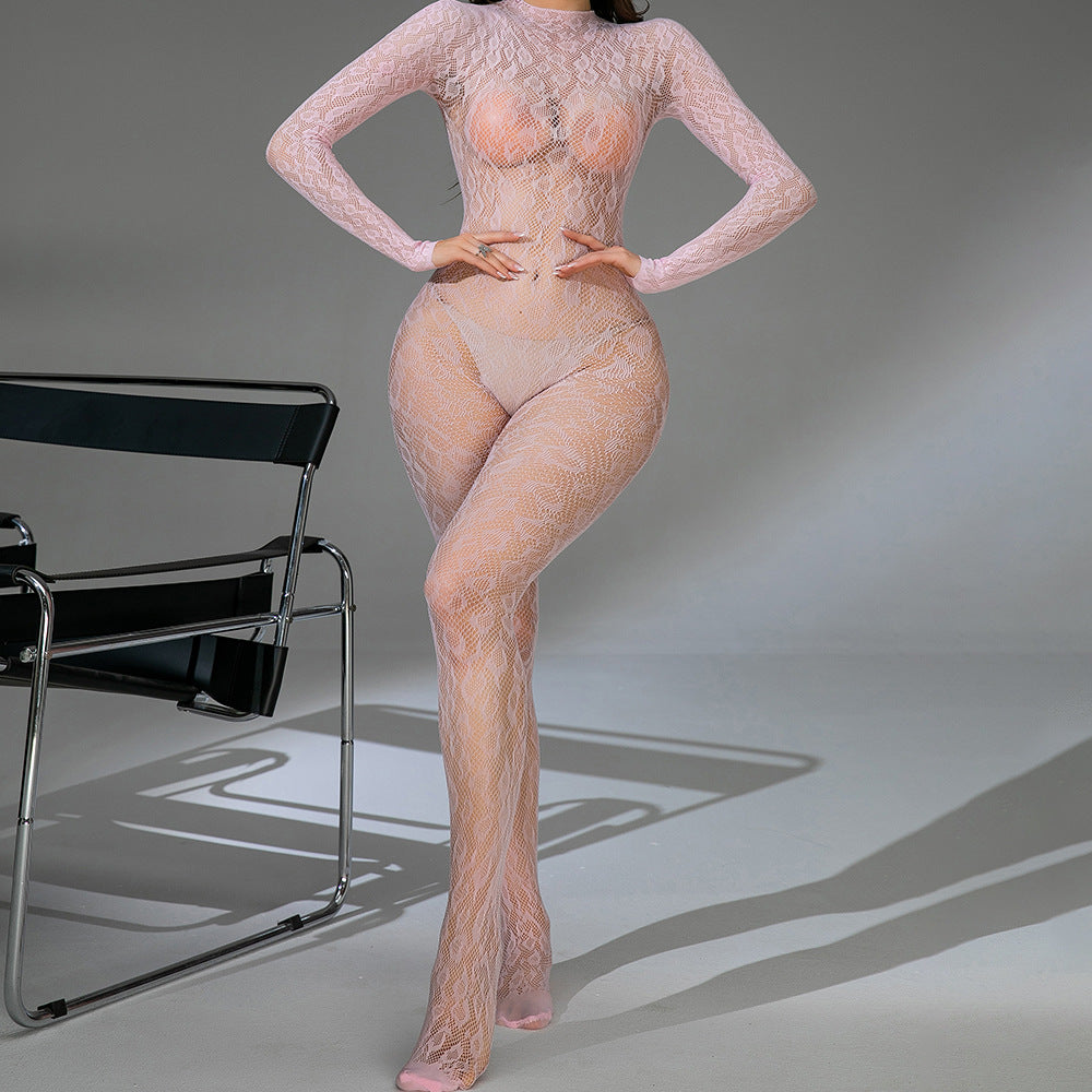 Sheer Long Sleeve Bodysuit & Fishnet Stockings Set for Women | Multi-Color Collection with Fitted Design
