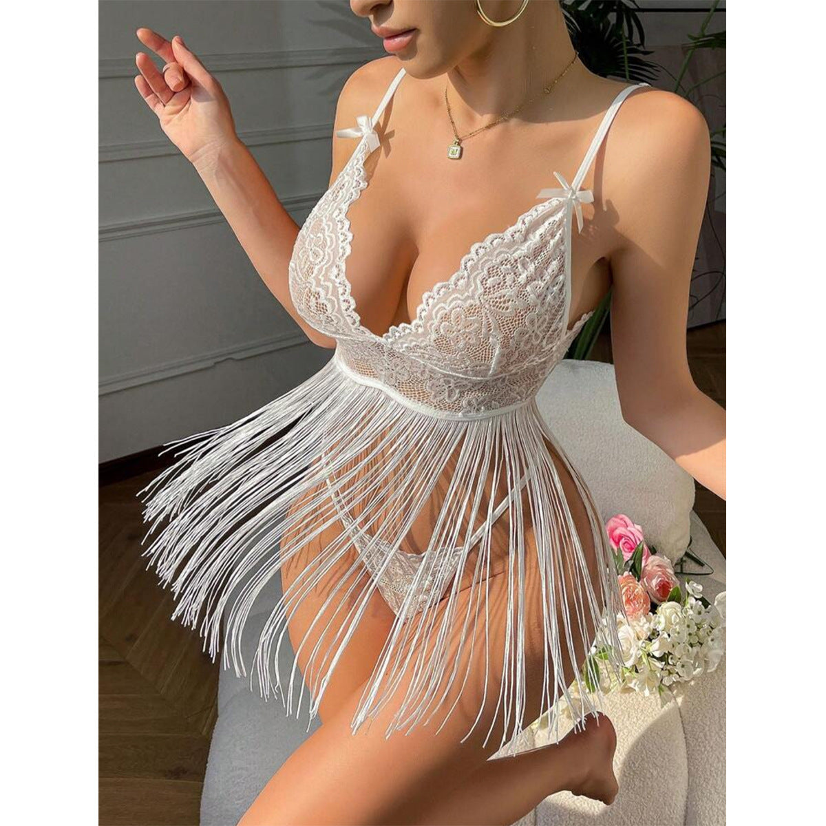 Daring Allure Sheer Pajama Set | Featuring Tassel & Spliced Lace Details