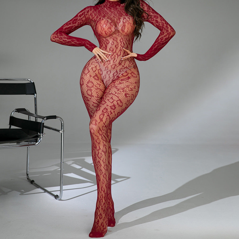 Sheer Long Sleeve Bodysuit & Fishnet Stockings Set for Women | Multi-Color Collection with Fitted Design