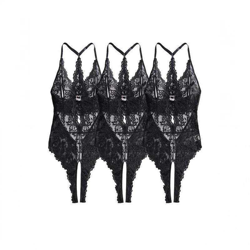 Provocative Artistry:  Bow Front Rhinestone Heart Decor Sheer Lace Lingerie Wear with Scallop Trim & Cut-Outs
