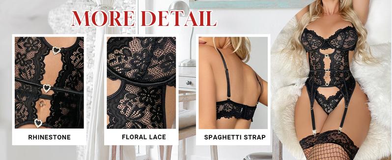 Unveil Your Bloom: All-in-One Lace  Alluring with Detachable Teddy & Garter Set