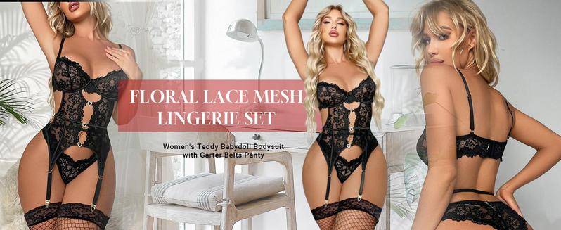 Unveil Your Bloom: All-in-One Lace  Alluring with Detachable Teddy & Garter Set