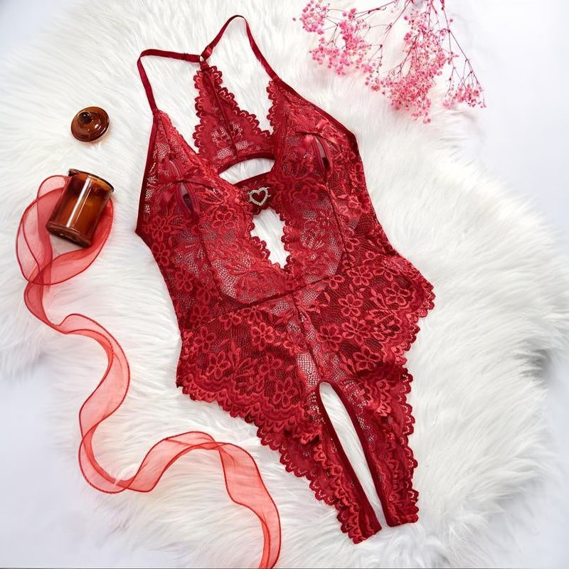 Provocative Artistry:  Bow Front Rhinestone Heart Decor Sheer Lace Lingerie Wear with Scallop Trim & Cut-Outs