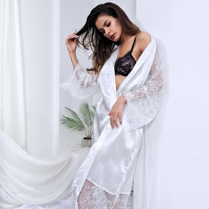 Sexy Lingerie Glossy Long Nightgown Lace Long Sleeve Set for Basic Minimalist  Loungewear