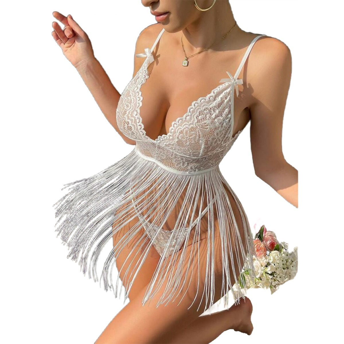 Daring Allure Sheer Pajama Set | Featuring Tassel & Spliced Lace Details