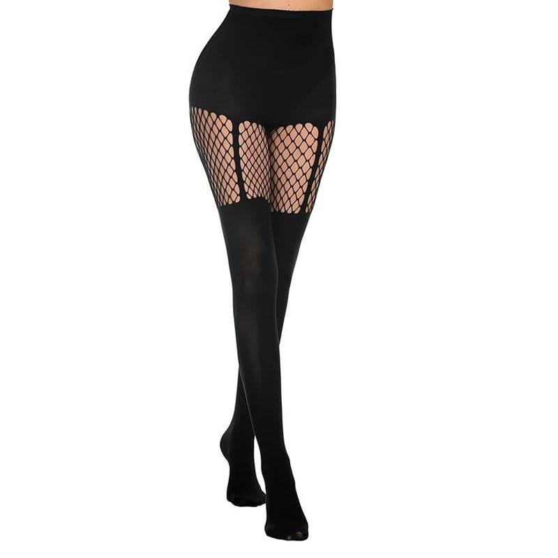 Redefine Seduction: Geometric Cutout Fishnet Tights with Strap Detail | Daring Cutout & Strap Design