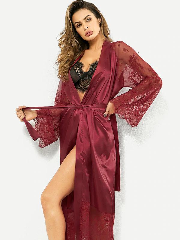 Sexy Lingerie Glossy Long Nightgown Lace Long Sleeve Set for Basic Minimalist  Loungewear