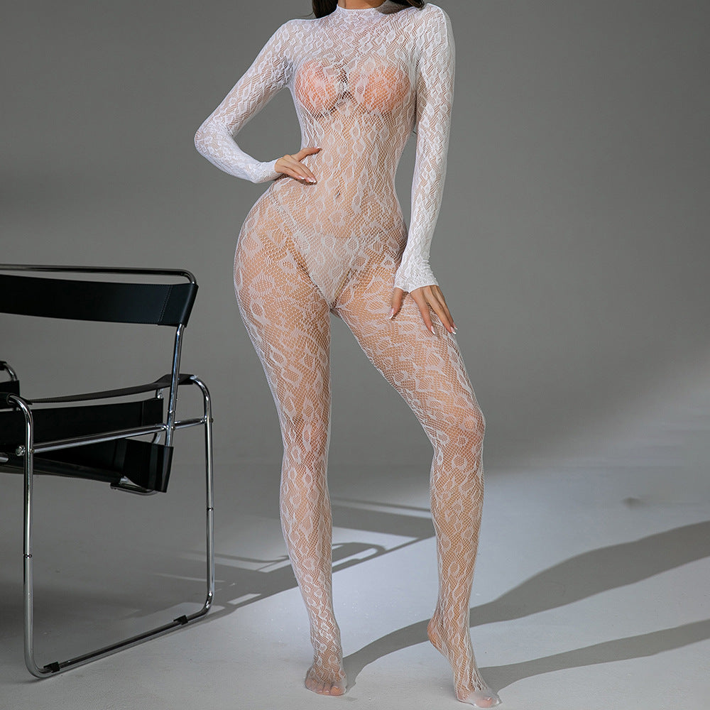 Sheer Long Sleeve Bodysuit & Fishnet Stockings Set for Women | Multi-Color Collection with Fitted Design