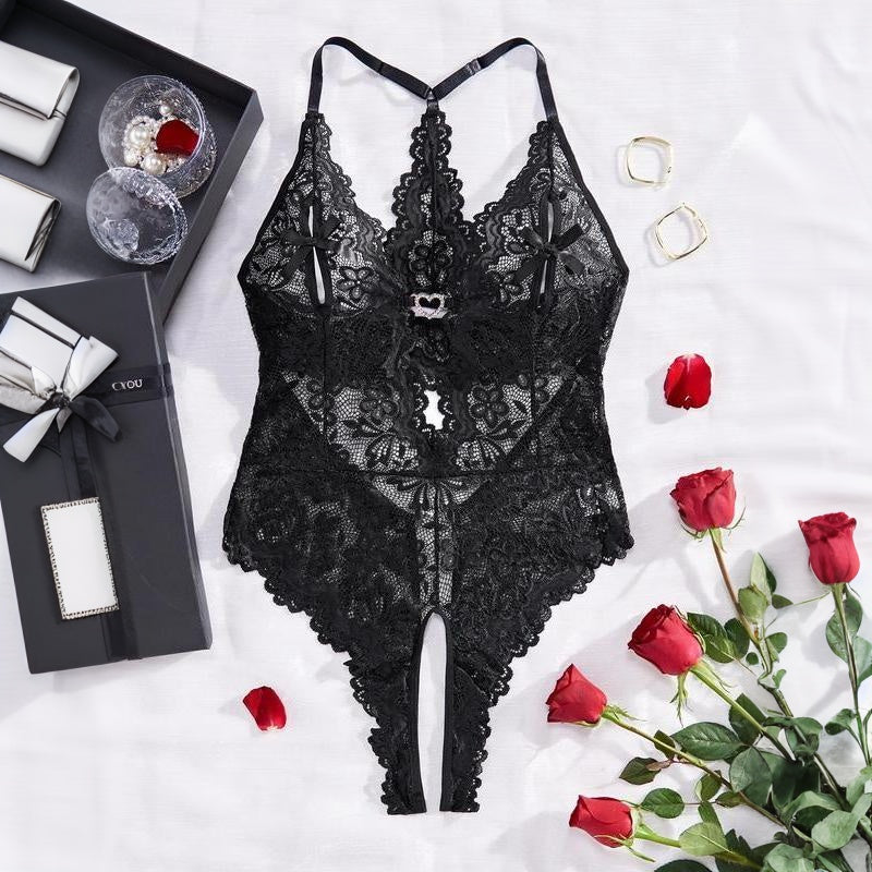 Provocative Artistry:  Bow Front Rhinestone Heart Decor Sheer Lace Lingerie Wear with Scallop Trim & Cut-Outs