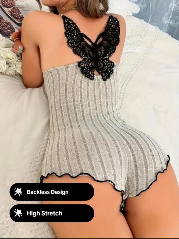 Lady's Butterfly Patched Backless Lettuce Lace Cami Sleeveless Ribbed Romper
