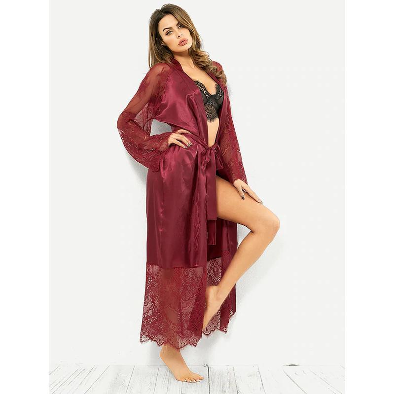 Sexy Lingerie Glossy Long Nightgown Lace Long Sleeve Set for Basic Minimalist  Loungewear