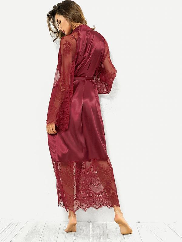 Sexy Lingerie Glossy Long Nightgown Lace Long Sleeve Set for Basic Minimalist  Loungewear