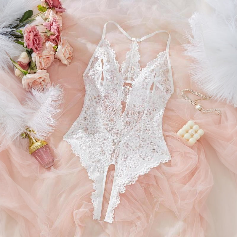 Provocative Artistry:  Bow Front Rhinestone Heart Decor Sheer Lace Lingerie Wear with Scallop Trim & Cut-Outs