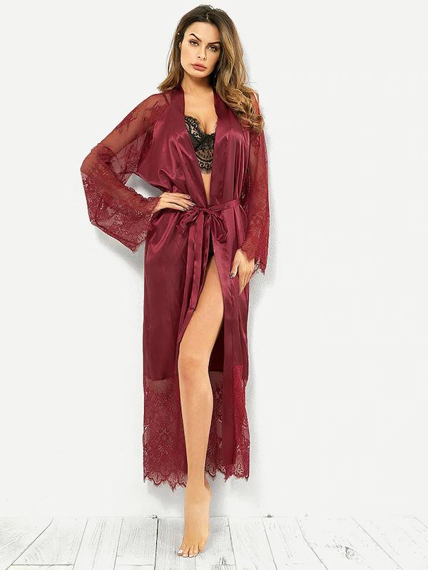 Sexy Lingerie Glossy Long Nightgown Lace Long Sleeve Set for Basic Minimalist  Loungewear