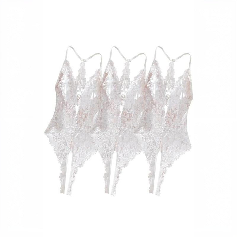 Provocative Artistry:  Bow Front Rhinestone Heart Decor Sheer Lace Lingerie Wear with Scallop Trim & Cut-Outs