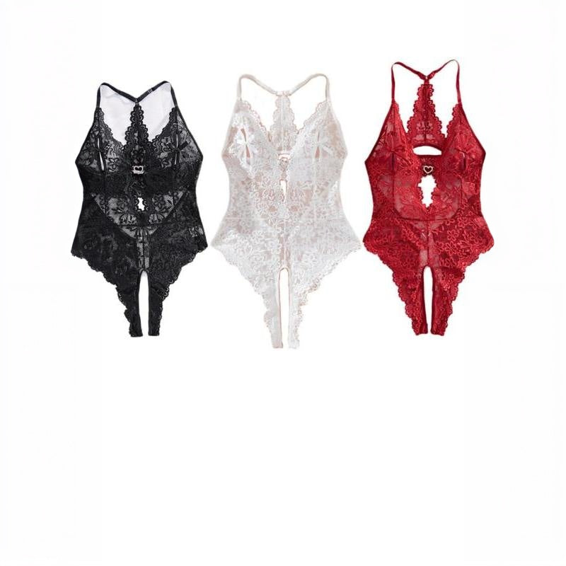 Provocative Artistry:  Bow Front Rhinestone Heart Decor Sheer Lace Lingerie Wear with Scallop Trim & Cut-Outs