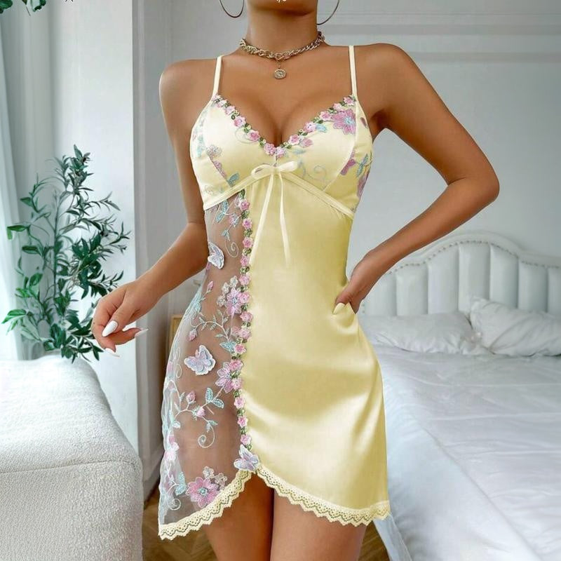 Sexy  Mesh Lace Trim Chemise Satin Slip Dress Babydoll Nightwear for Romantic Occasions