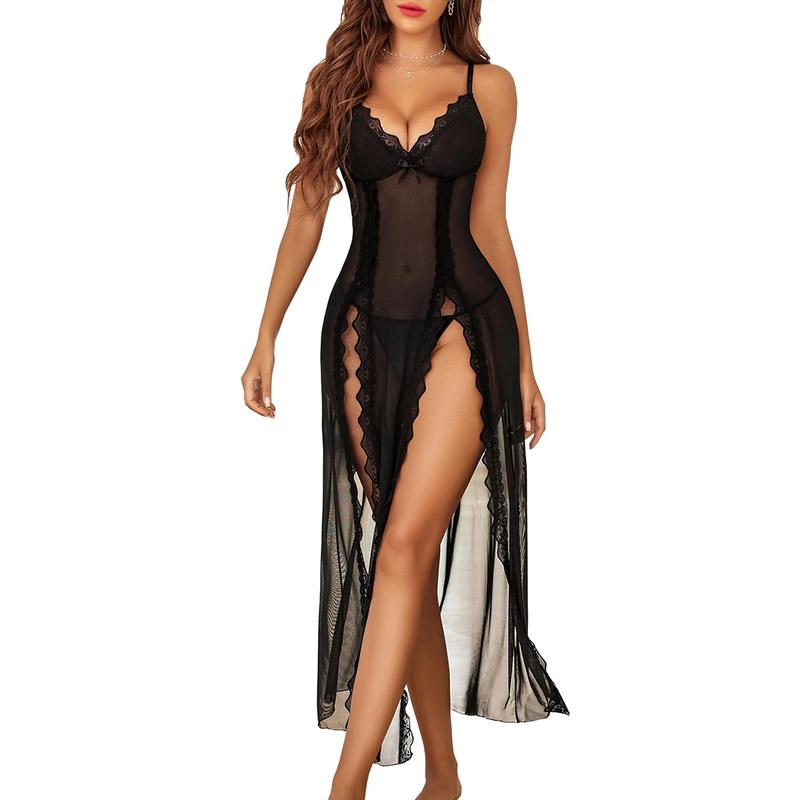 Festival Lace Nightgown - Floral Mesh Chemise with V-Neck & Side Splits | Breathable Comfort Meets Sensual Style