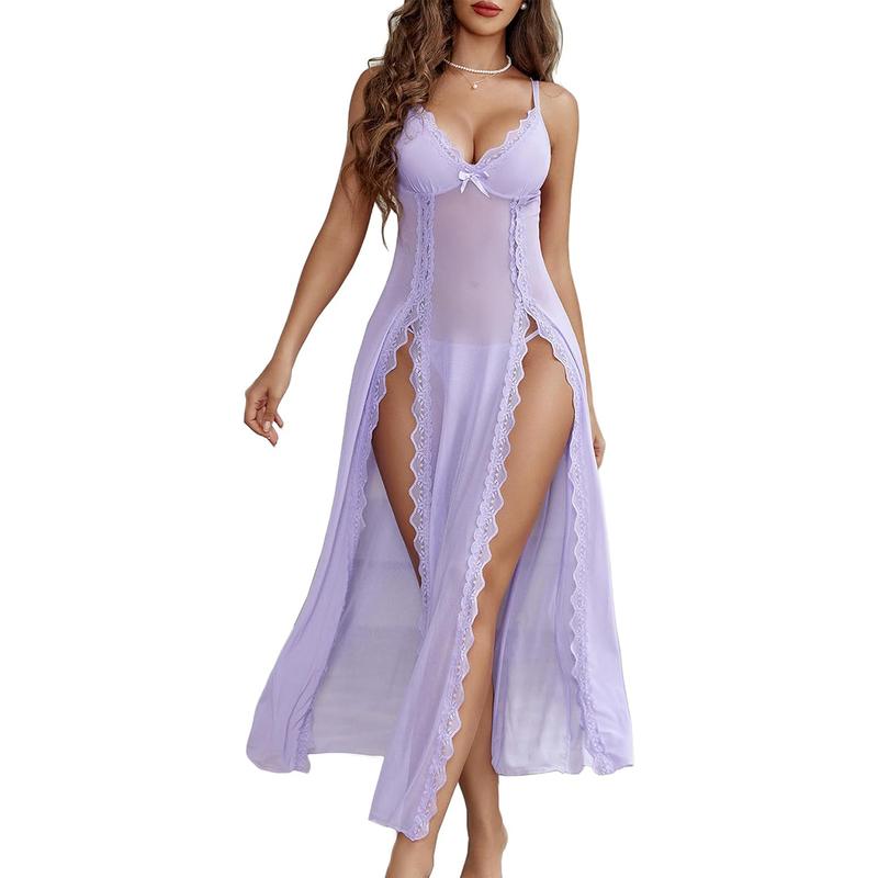 Festival Lace Nightgown - Floral Mesh Chemise with V-Neck & Side Splits | Breathable Comfort Meets Sensual Style