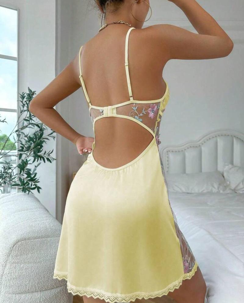 Sexy  Mesh Lace Trim Chemise Satin Slip Dress Babydoll Nightwear for Romantic Occasions